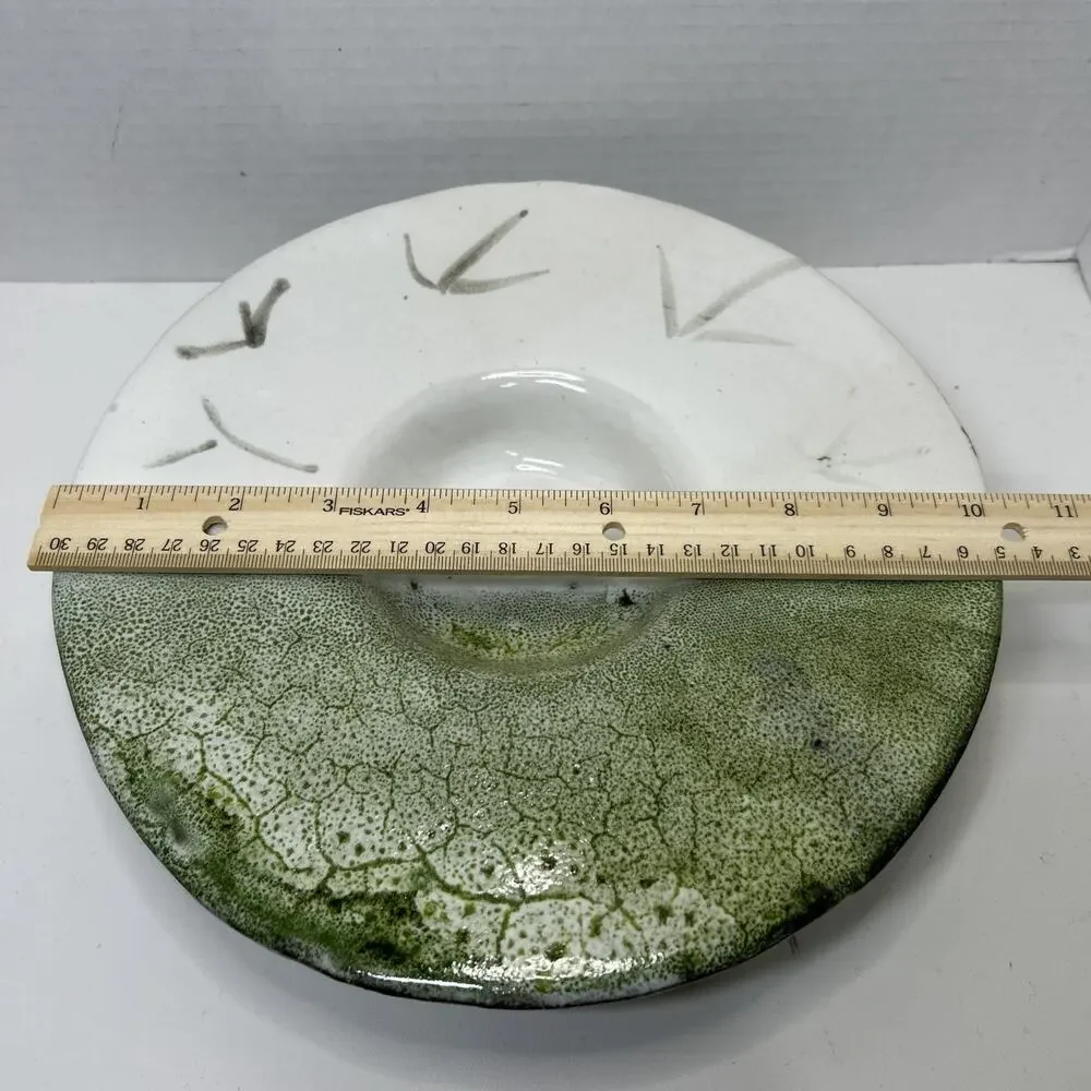 Studio Art Pottery Candle Holder Green White Lava Glaze Centerpiece Footed Sign